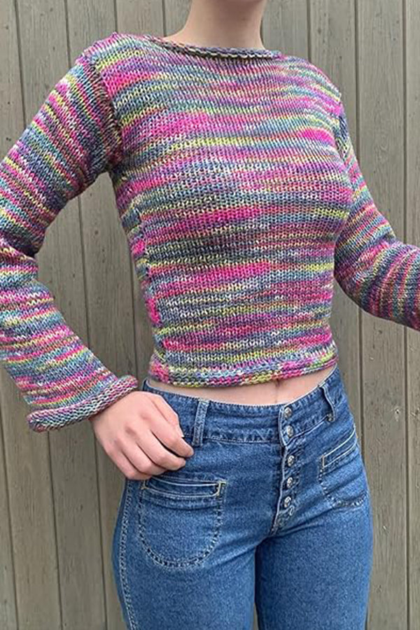 Pullover Striped Crew Neck Knitted Rainbow Sweater