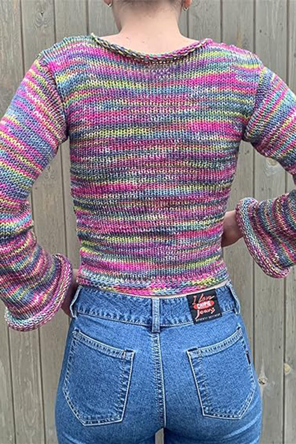 Pullover Striped Crew Neck Knitted Rainbow Sweater