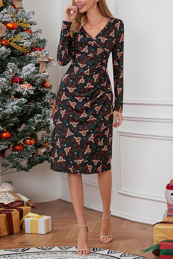 Christmas Printed Dress V-Neck Slim Fit Dress