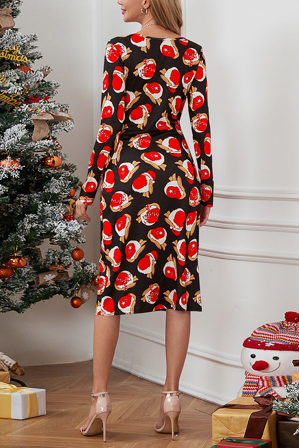 Christmas Printed Dress V-Neck Slim Fit Dress