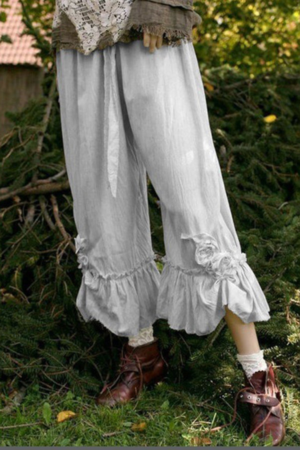 Vintage Solid Color Pleated Floral Baggy Pants