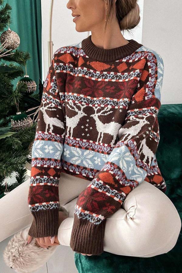 Christmas Themed Jacquard Long Sleeve Women's Sweater