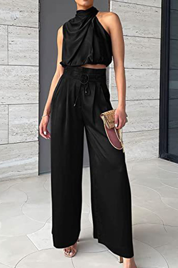 Sleeveless Crop Top Wide Leg Pants Festive Suit