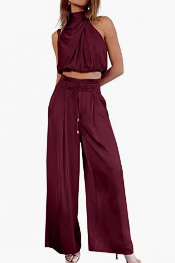 Sleeveless Crop Top Wide Leg Pants Festive Suit