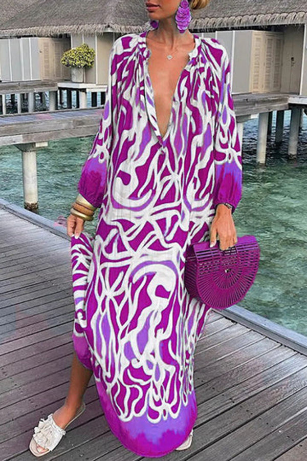 Autumn V-Neck Loose Long-Sleeved Printed Long Skirt