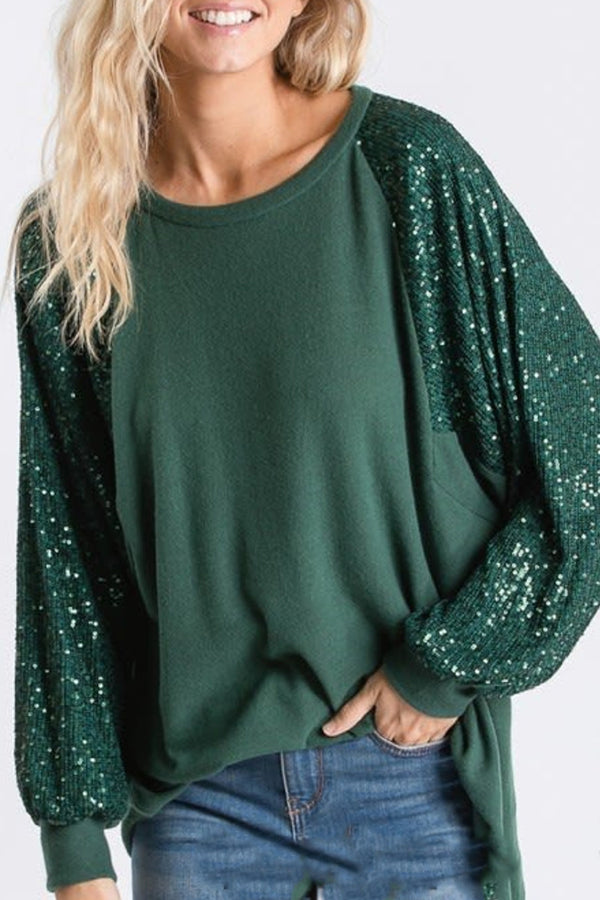 Sequin Paneled Crew Neck Raglan Sleeve Top