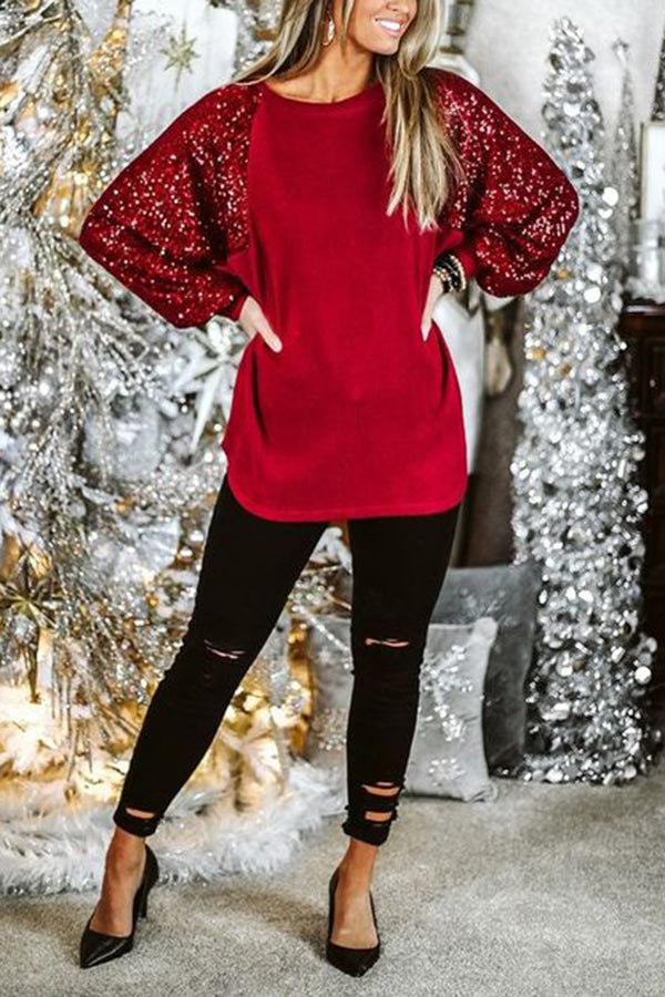 Sequin Paneled Crew Neck Raglan Sleeve Top