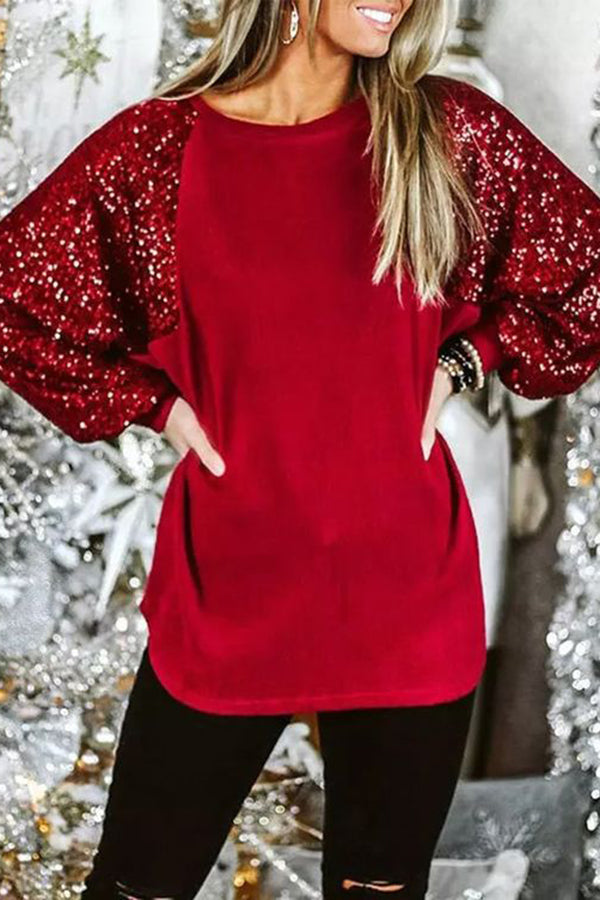 Sequin Paneled Crew Neck Raglan Sleeve Top