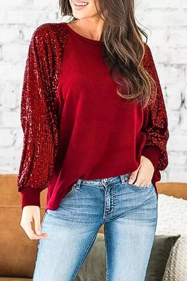 Sequin Paneled Crew Neck Raglan Sleeve Top