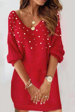 Red Beaded Fashionable V-Neck Festival Dress