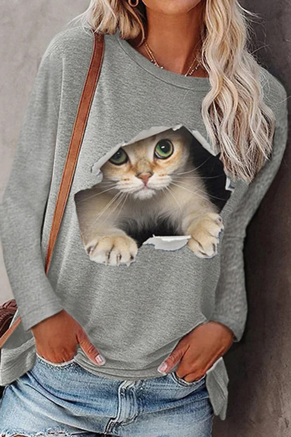 Fashionable Round Neck Pullover Cat Long Sleeve Top