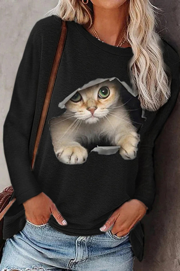 Fashionable Round Neck Pullover Cat Long Sleeve Top