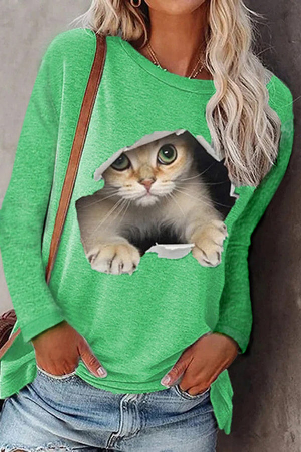 Fashionable Round Neck Pullover Cat Long Sleeve Top