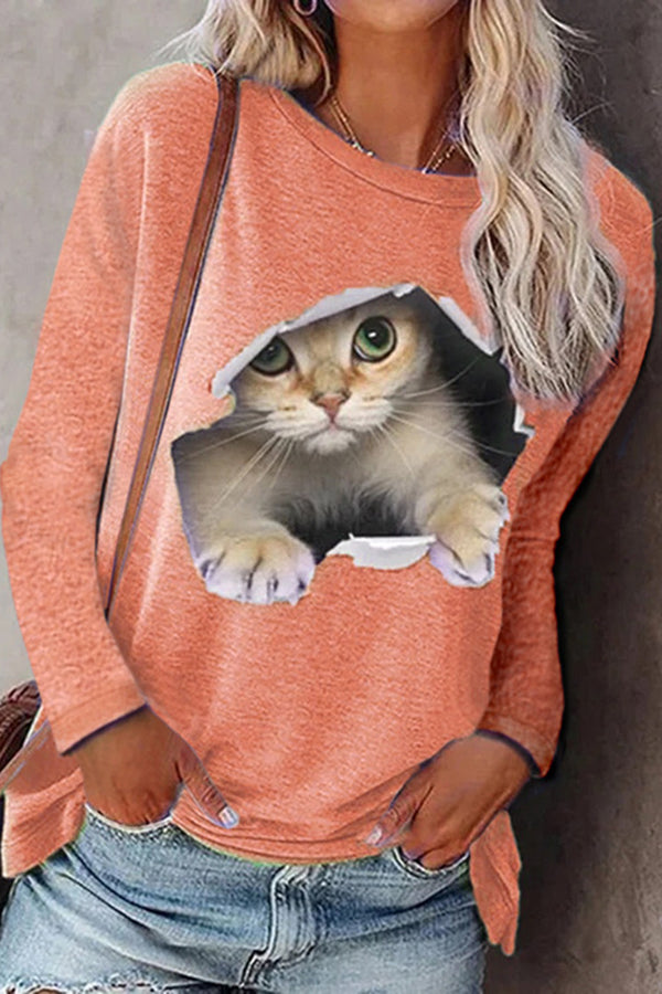 Fashionable Round Neck Pullover Cat Long Sleeve Top