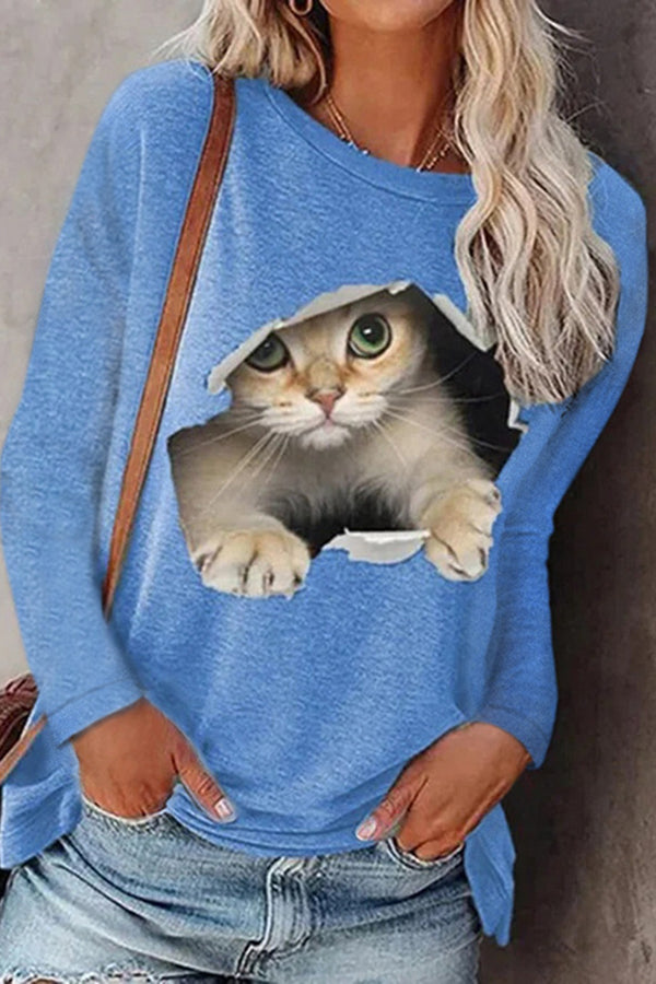 Fashionable Round Neck Pullover Cat Long Sleeve Top