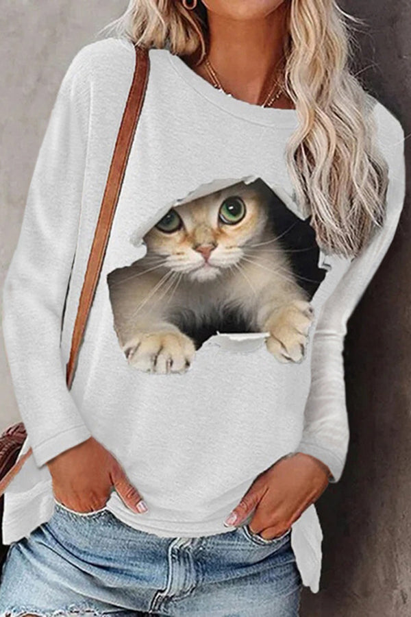 Fashionable Round Neck Pullover Cat Long Sleeve Top