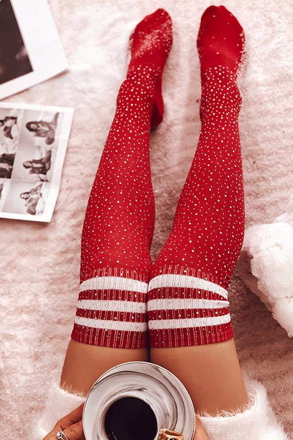 Hot Rhinestoned Over-the-Knee Striped Stockings