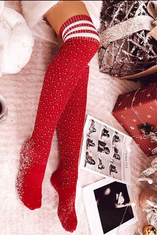 Hot Rhinestoned Over-the-Knee Striped Stockings