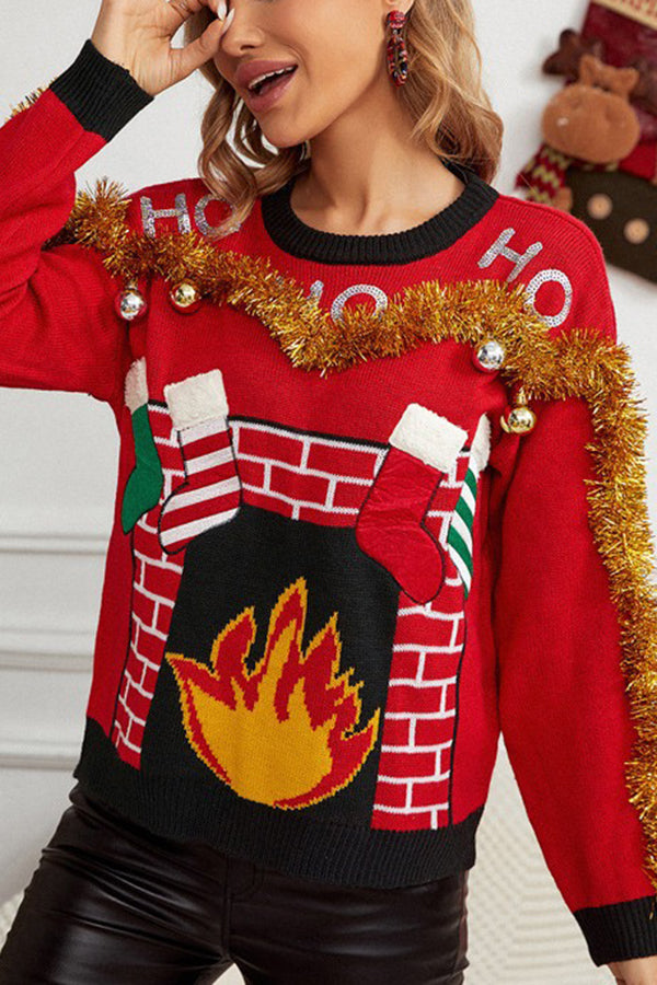 Christmas Print Crew Neck Long Sleeve Sweater