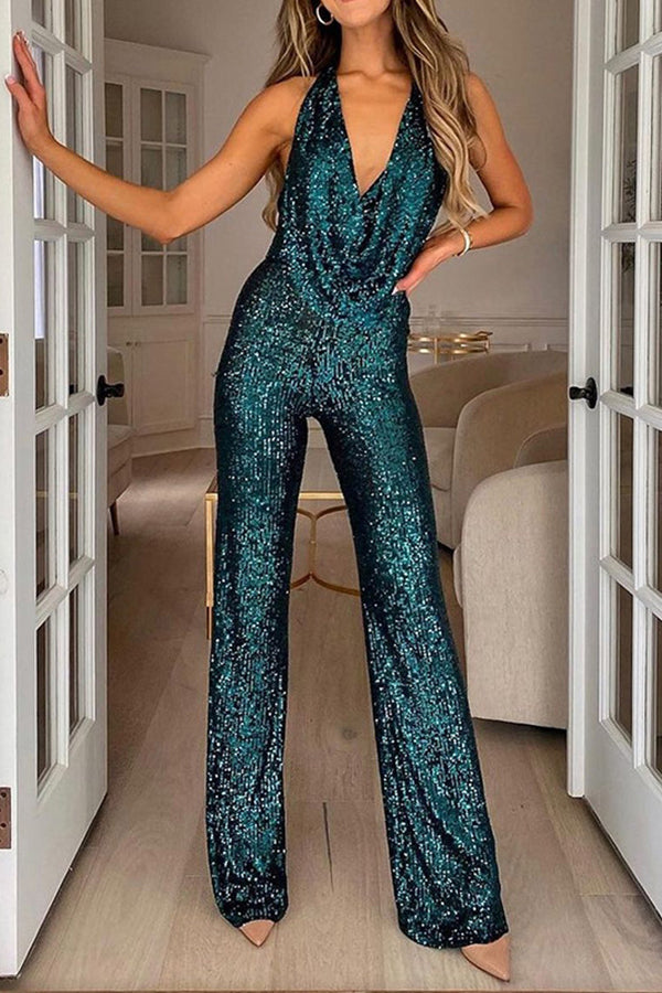 Daily Solid Sequin Halterneck Jumpsuit