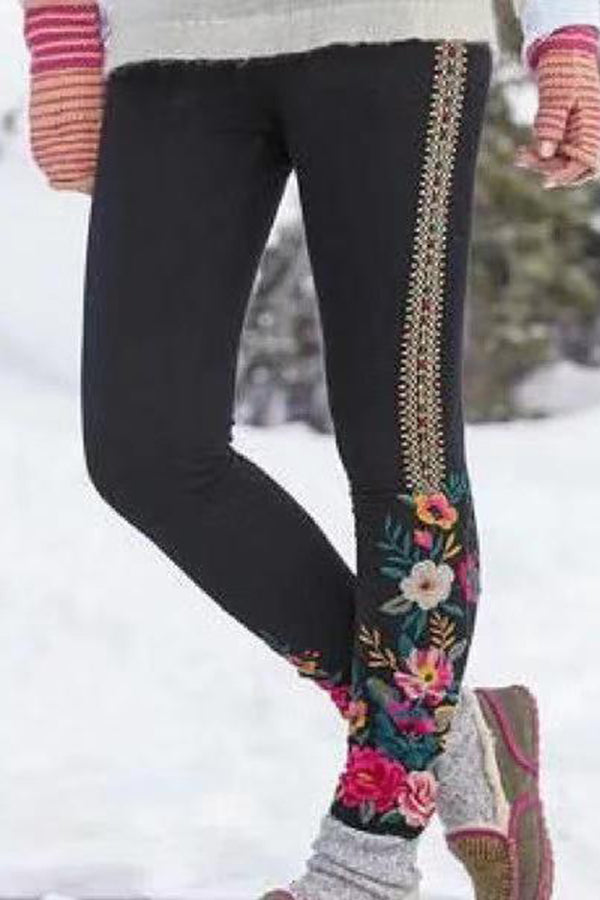 Autumn and Winter Floral Print Slim Trousers