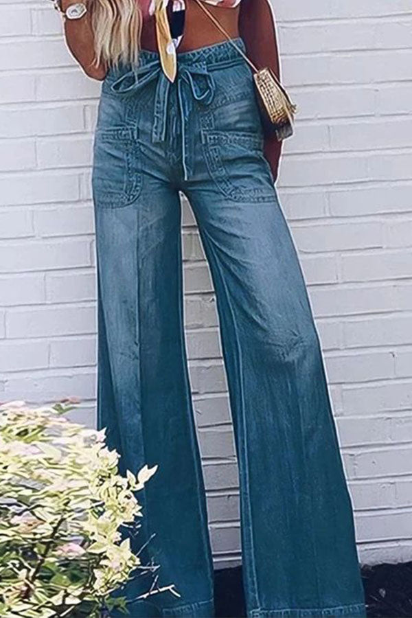 Lace-Up Washed Denim Wide-Leg Pants