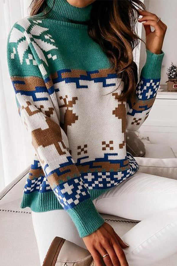 Turtleneck Elk Christmas Jacquard Knit Sweater