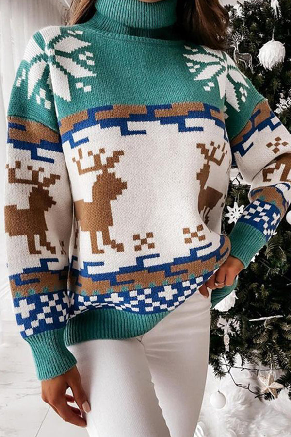 Turtleneck Elk Christmas Jacquard Knit Sweater