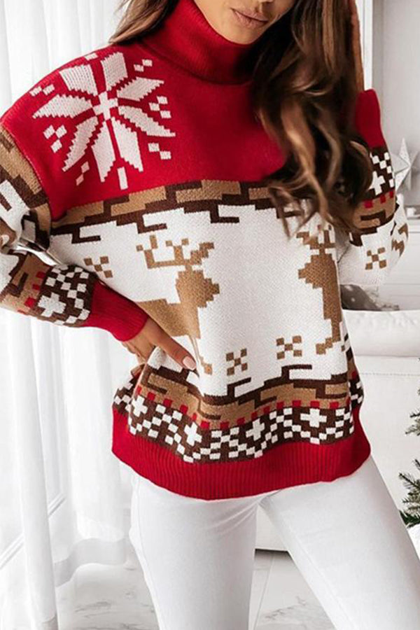 Turtleneck Elk Christmas Jacquard Knit Sweater