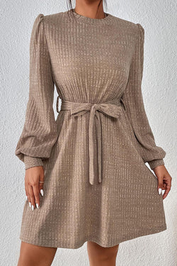 Nipped Waist Tie Solid Color Knit Dress