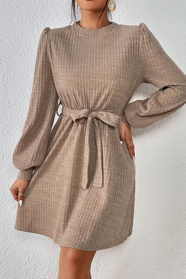 Nipped Waist Tie Solid Color Knit Dress