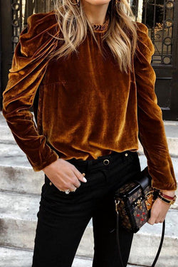 Solid Color Bubble Long Sleeve Velvet Shirt