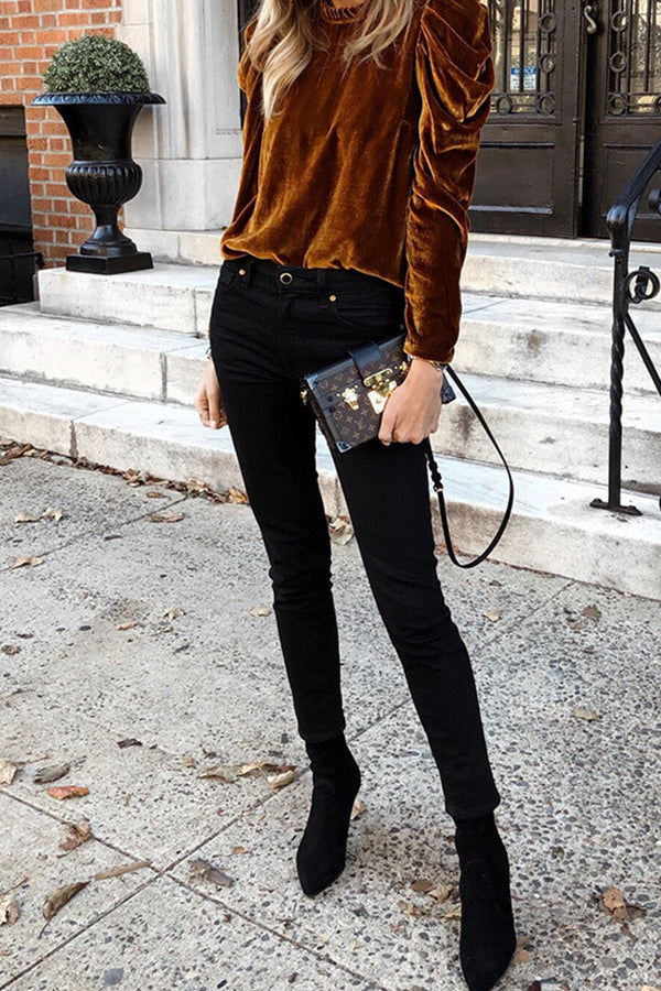 Solid Color Bubble Long Sleeve Velvet Shirt