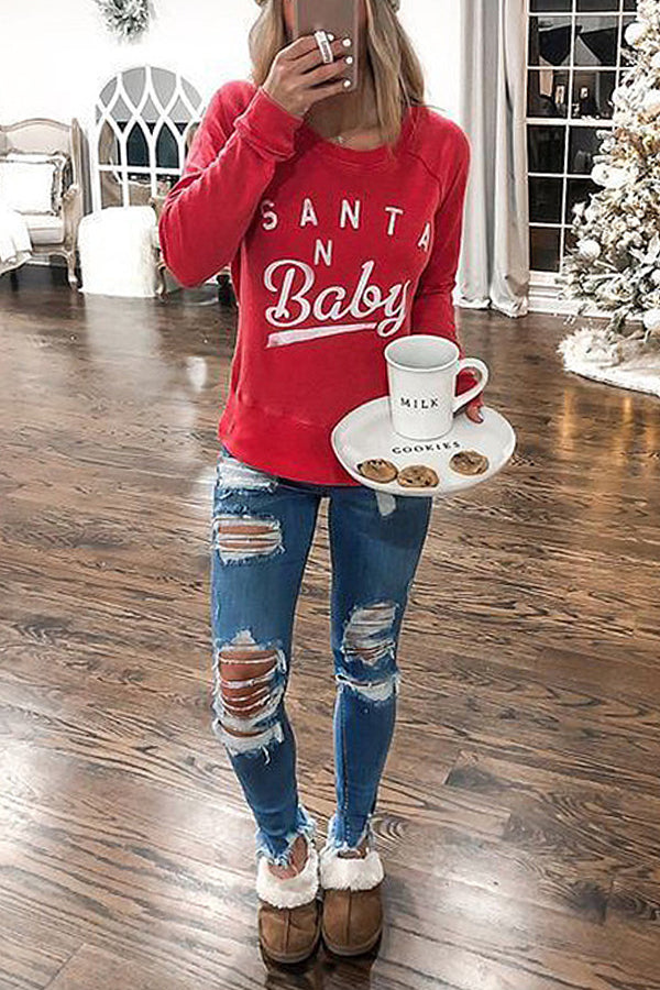 Christmas Crew Neck Letter Print Top