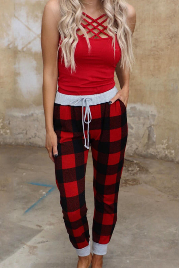 Christmas Print Plaid Lace-Up Lounge Pants