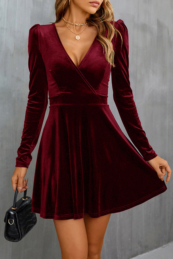 V-neck Leg Of Lamb Sleeve waist A-type Velvet Dress