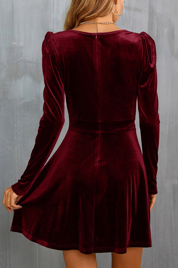 V-neck Leg Of Lamb Sleeve waist A-type Velvet Dress