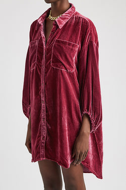 Gold Velvet Loose Balloon Sleeve Long Shirt Dress