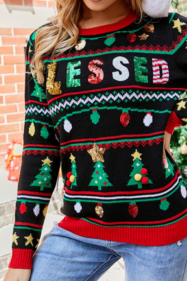 Christmas Embroidered Sequin Knit Sweater