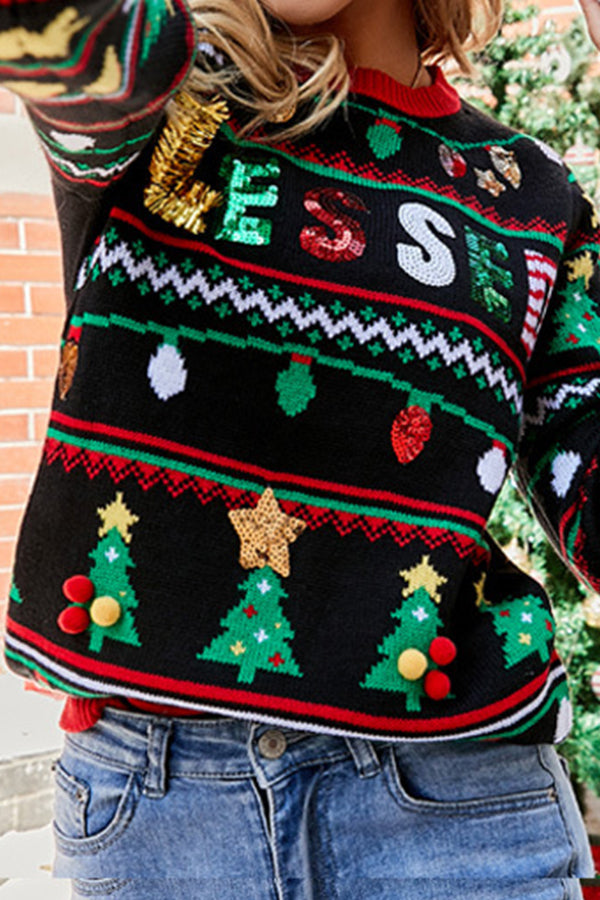 Christmas Embroidered Sequin Knit Sweater