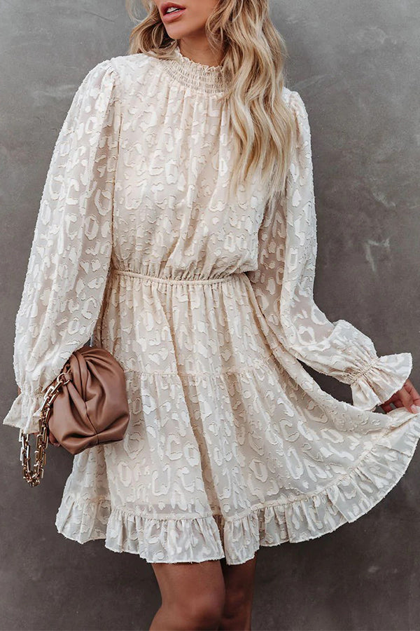 Jacquard Ruffled Long-sleeve Dress