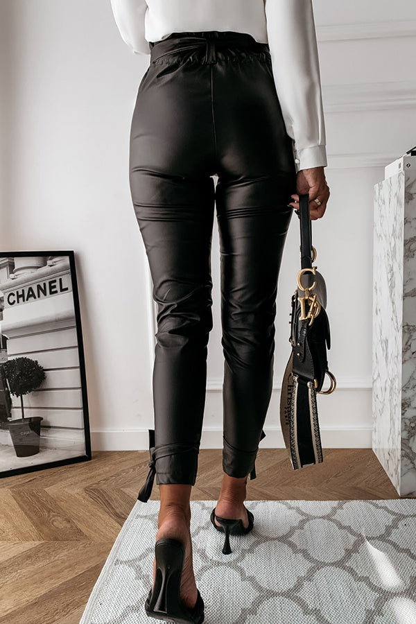 Bow-Belt Belted Leather Pants