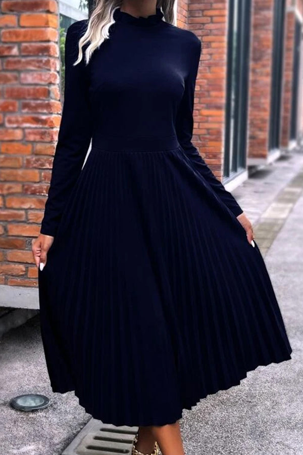 Half Turtleneck Pleated Long Dress