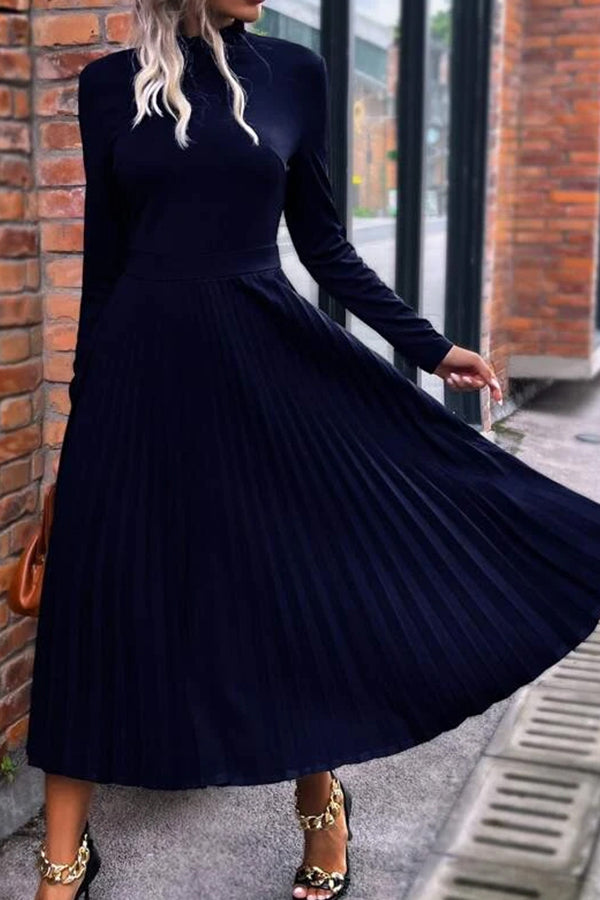 Half Turtleneck Pleated Long Dress