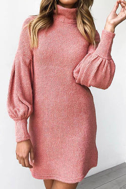 Threaded Crew Neck Balloon Sleeve Dress