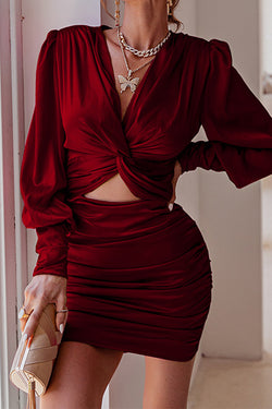 Sexy Open Waist V-neck Pleated Wrap Hip Dress