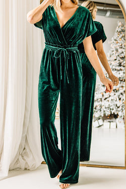 Casual High Waist Drawstring V-neck Gold Velvet Jumpsuit