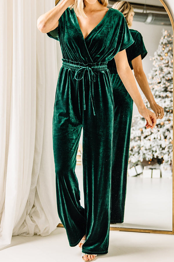 Casual High Waist Drawstring V-neck Gold Velvet Jumpsuit