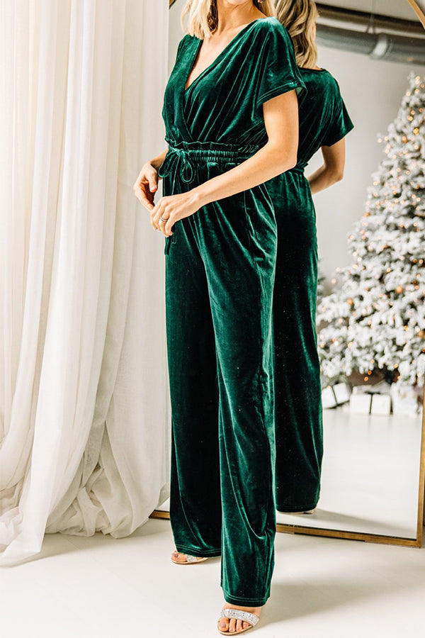 Casual High Waist Drawstring V-neck Gold Velvet Jumpsuit