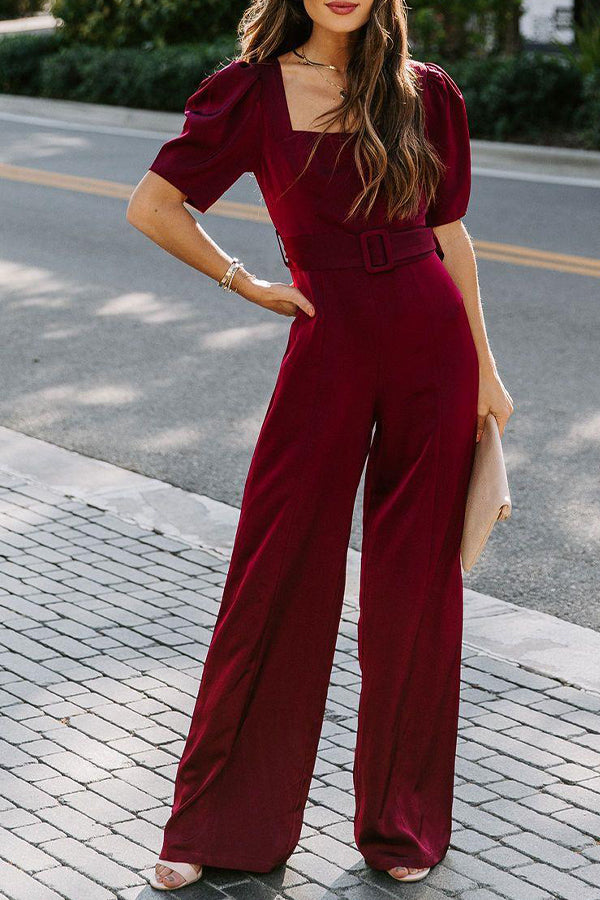 Elegant Velvet Short Sleeve Belted Evening Jumpsuit